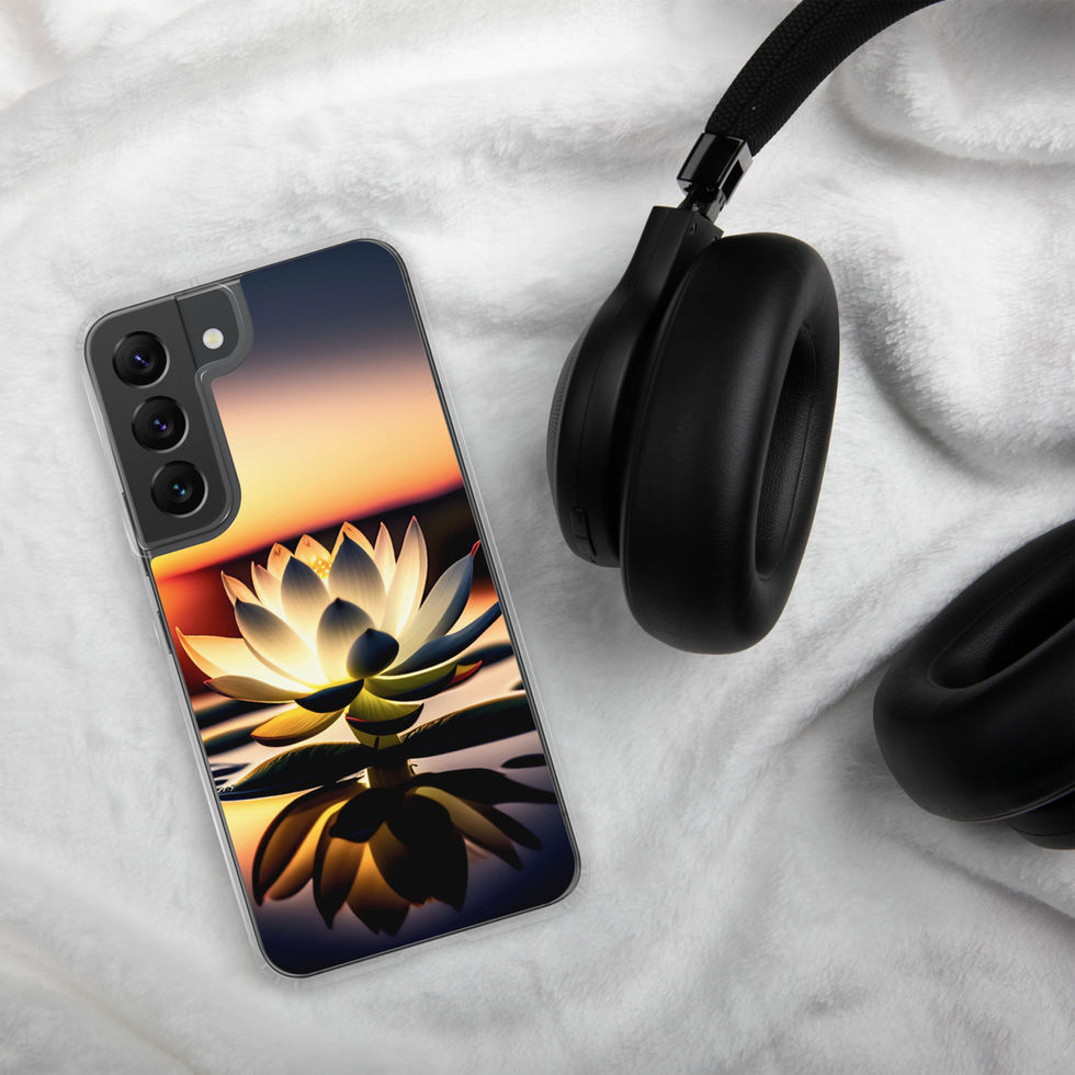Sunlit Lotus Samsung clear case near headphones; orange sky fading into dark blue.