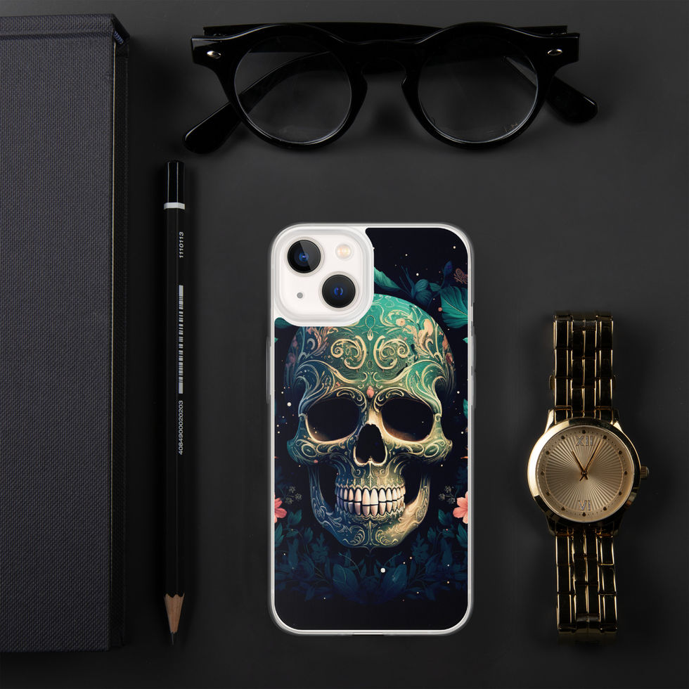 Emerald Requiem clear iPhone case showing teal filigree around the skull nose and cheeks