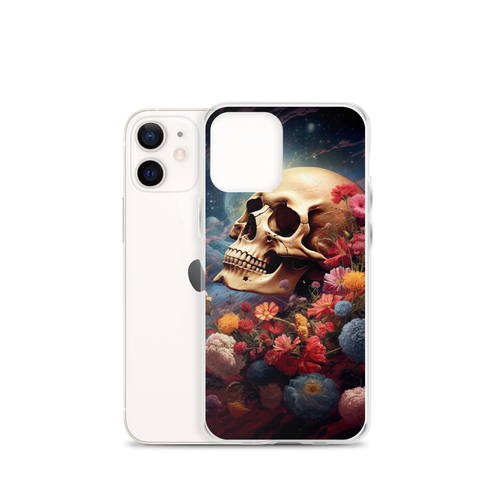 Galactic Remains clear iPhone case showing deep red floral cluster below the face