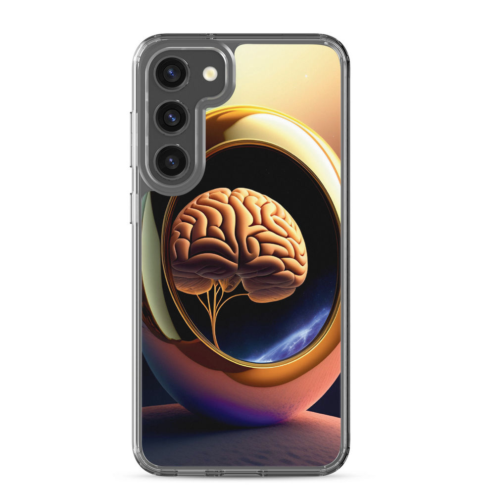 Golden Egg Brain Samsung Clear for Samsung Galaxy S23 Plus, rear mockup 1 with a golden brain inside an egg-like sphere.