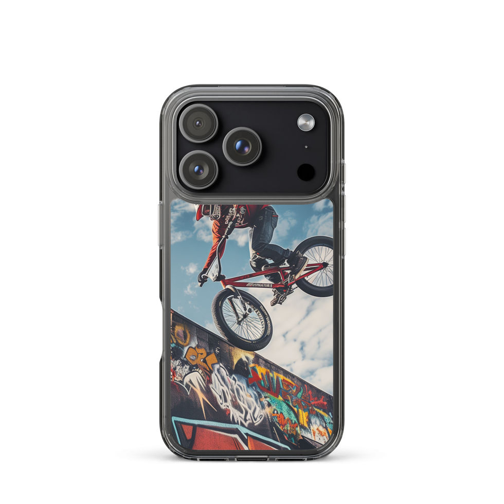 Graffiti Air Clear case for iPhone 17 Pro, BMX rider above graffiti ramp, rear view on white