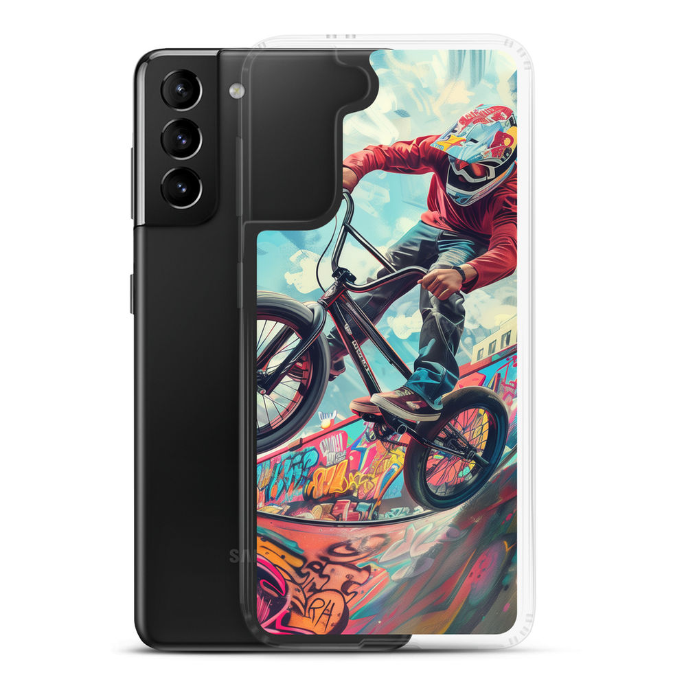 Urban Thrill Clear case for Galaxy S21 Plus, BMX rider above graffiti ramp, phone beside printed case on white