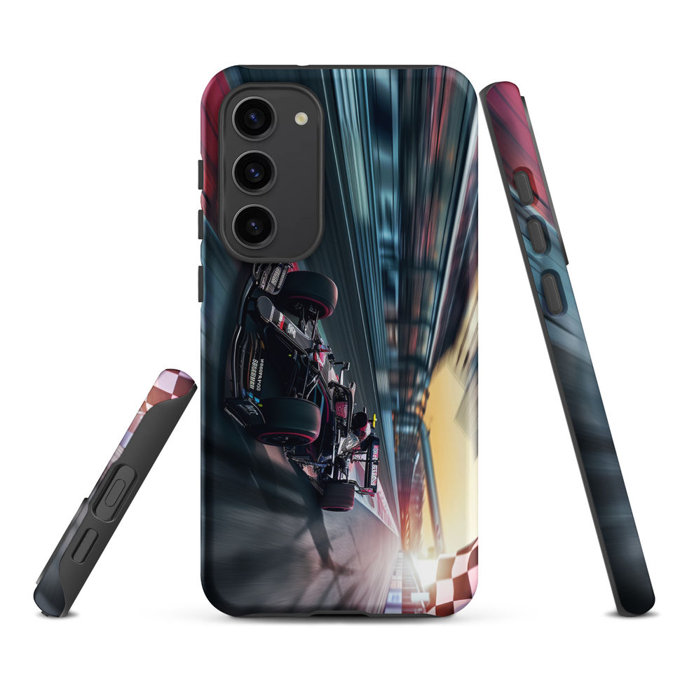Final Lap Tough case for Galaxy S23 Plus, dark race car and blurred track artwork, rear and side views on white