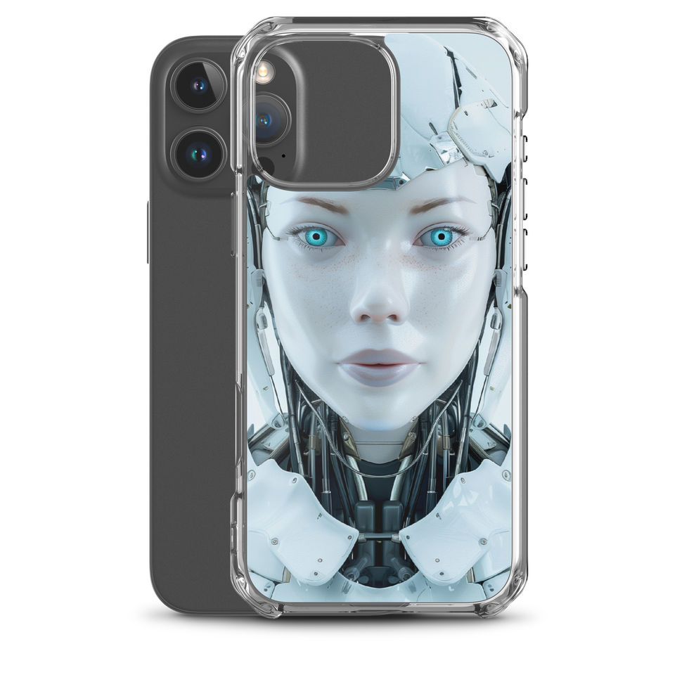 Cool-toned android artwork on a clear protective phone cover – angled case mockup