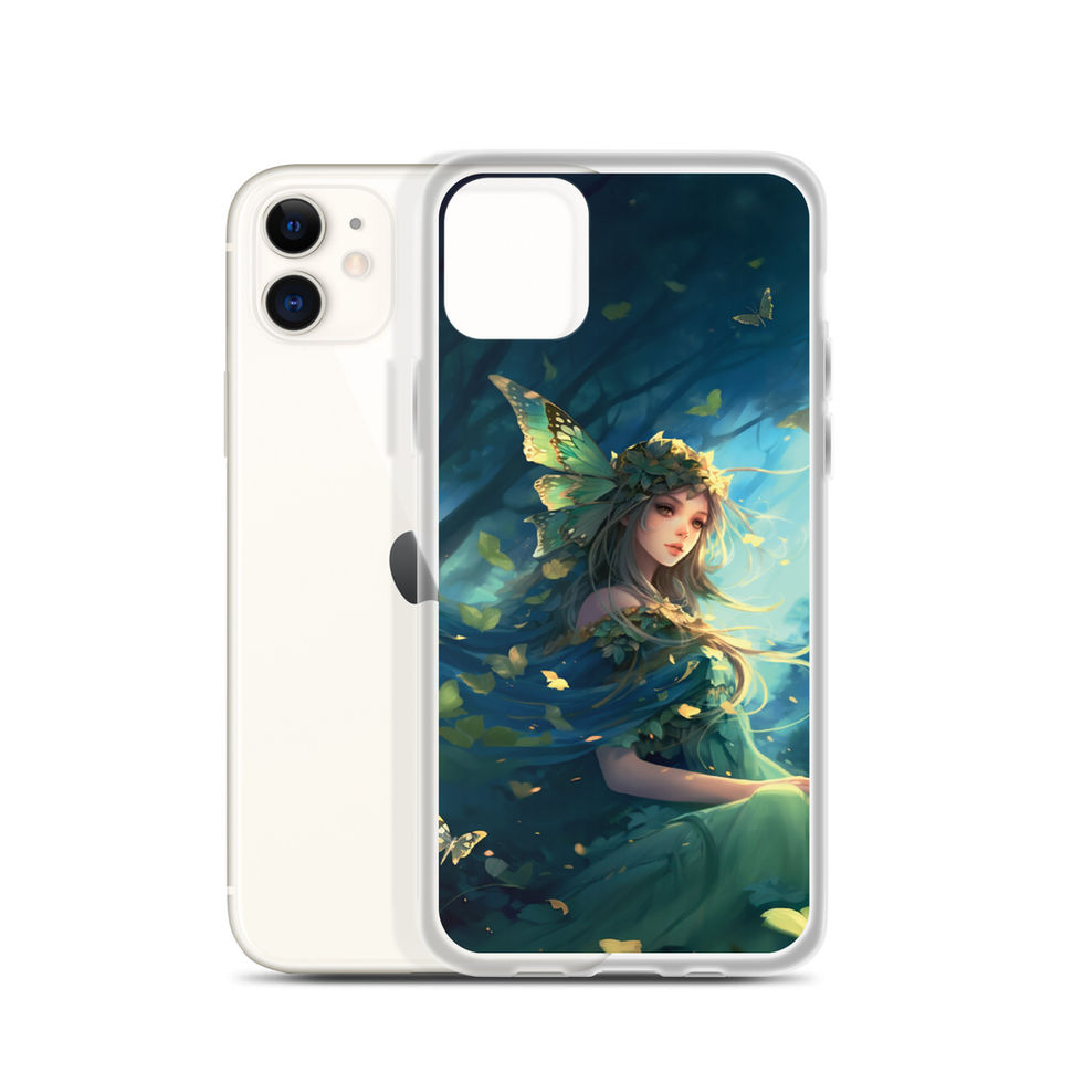 Forest Enchantress iPhone clear case with luminous leaves around the portrait