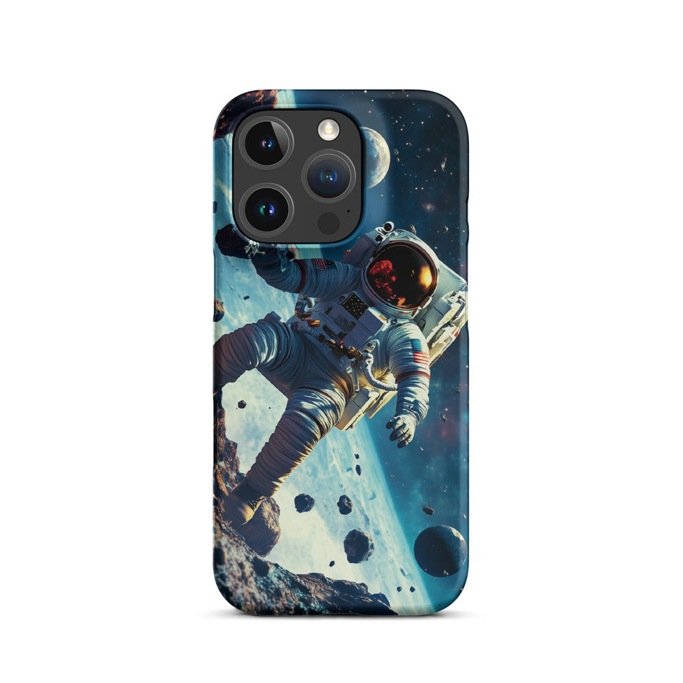Asteroid Drift snap case for iPhone 16 Pro, blue space art with an astronaut and scattered asteroids