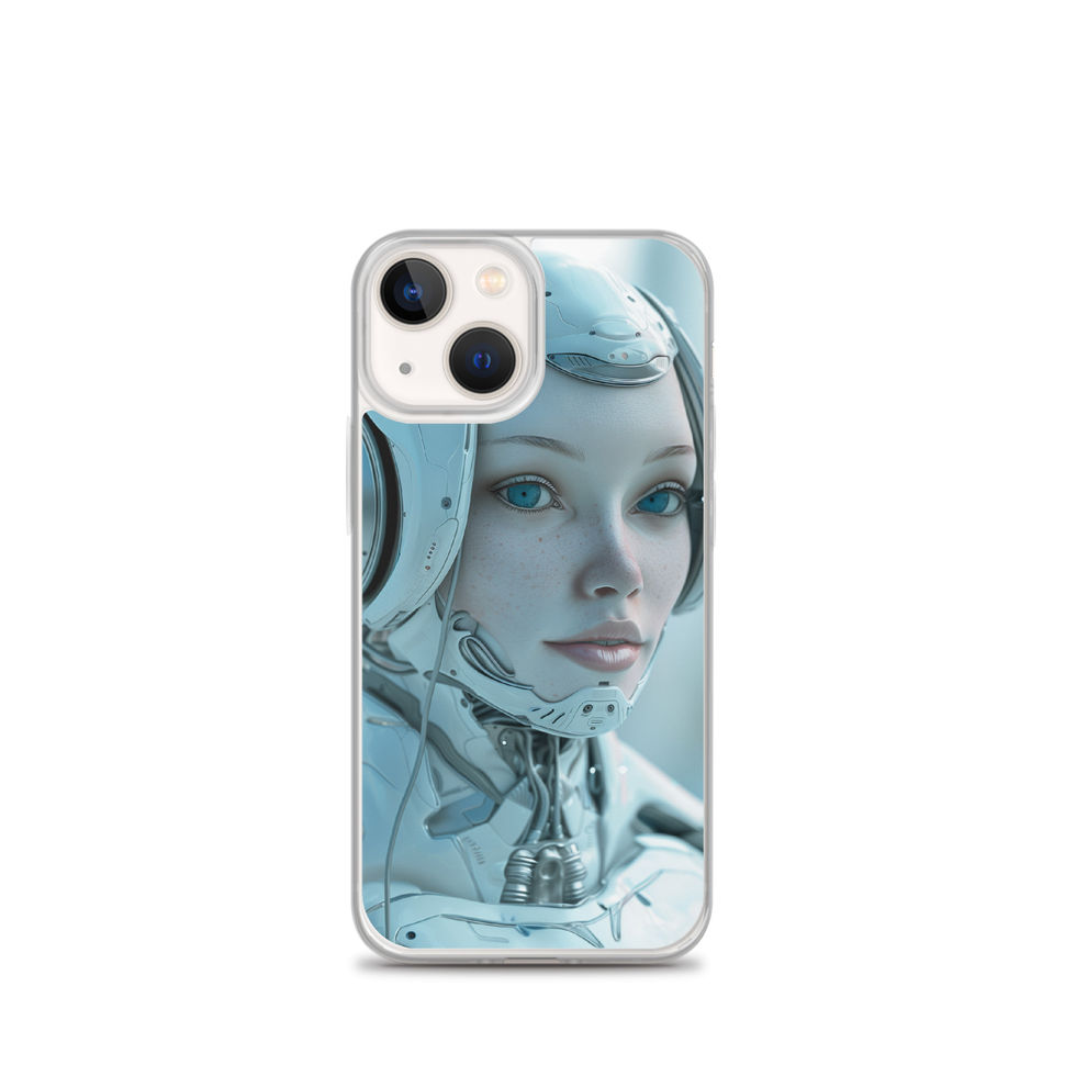 Angled Cybernetic Muse portrait on a teal-grey background; close-up detail on an iPhone® Clear Case.