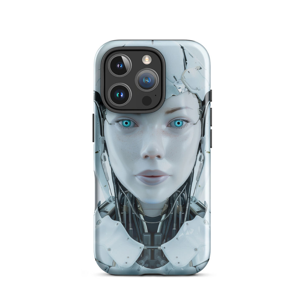 Elegant female cyborg with exposed neck mechanics on an iPhone case – angled case mockup
