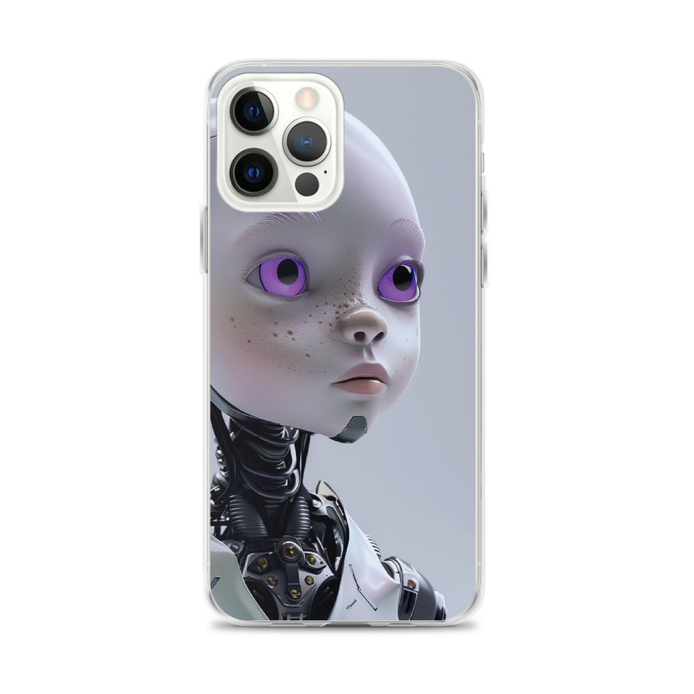 silver cybernetic robot child portrait on a transparent iPhone shell, polished upright rear view