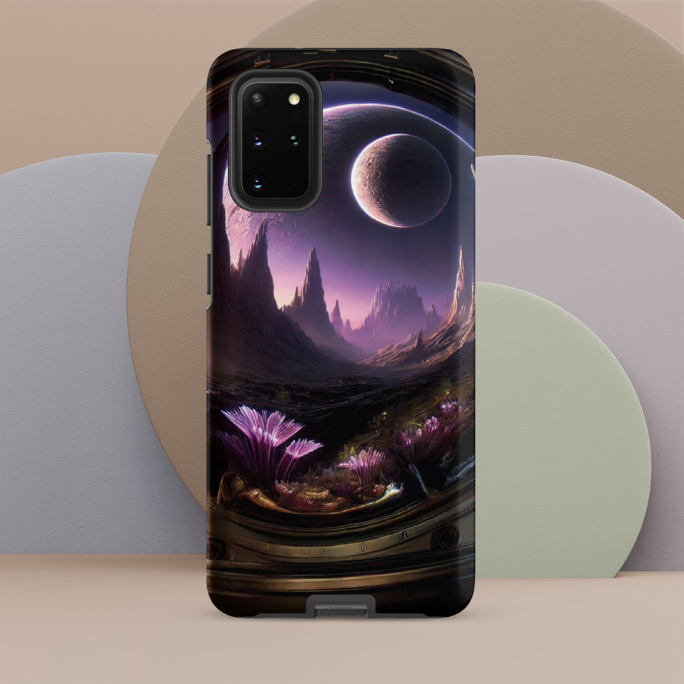 Otherworldly Horizons tough case on Samsung Galaxy S20 Ultra, glowing purple world above a dark alien landscape