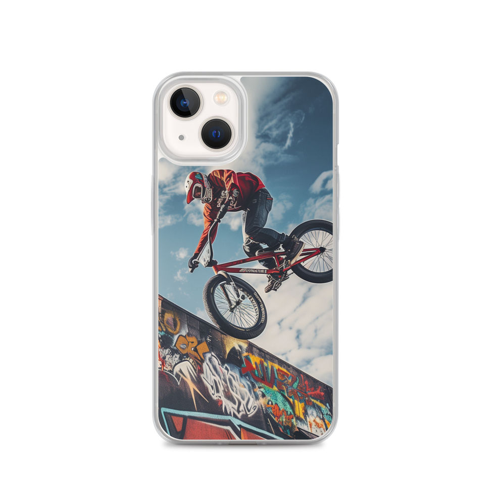 Graffiti Air Clear case for iPhone 13, BMX rider above graffiti ramp, with phone beside case on white