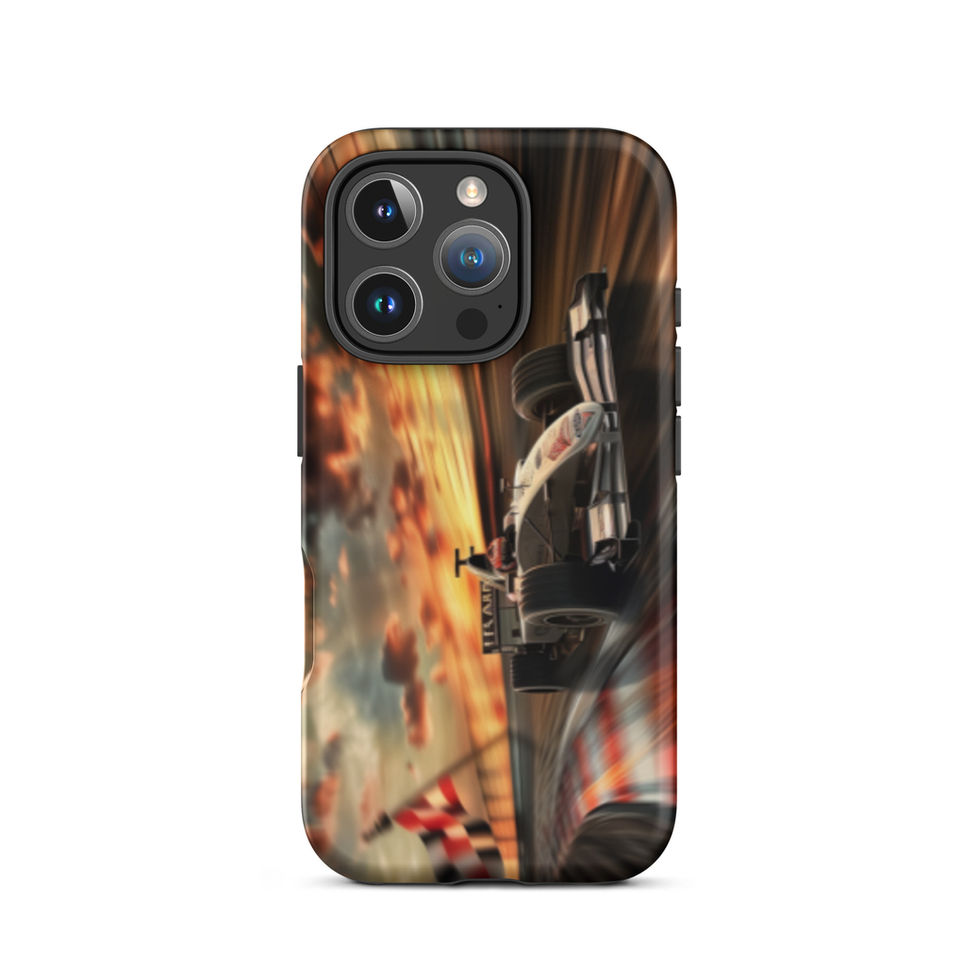 Sunset Speed Tough case for iPhone 16 Pro, dark race car on golden sunset track, rear view on white background