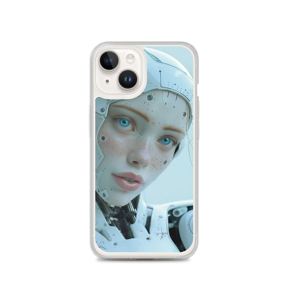 White and aqua robot face artwork on a transparent phone cover – clear-edge phone case preview