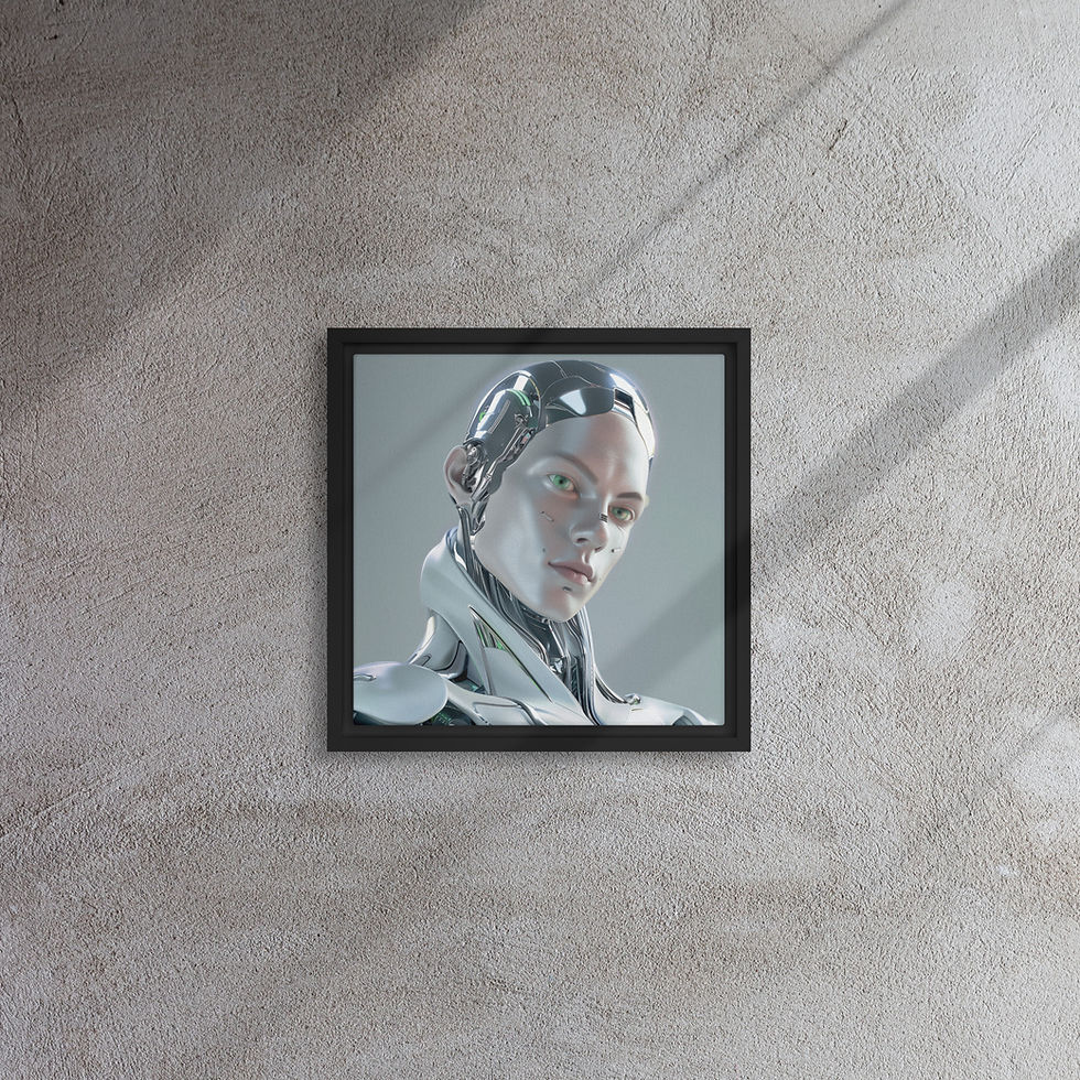Futuristic Visionary framed canvas: pale face tilted beneath glossy black head panels
