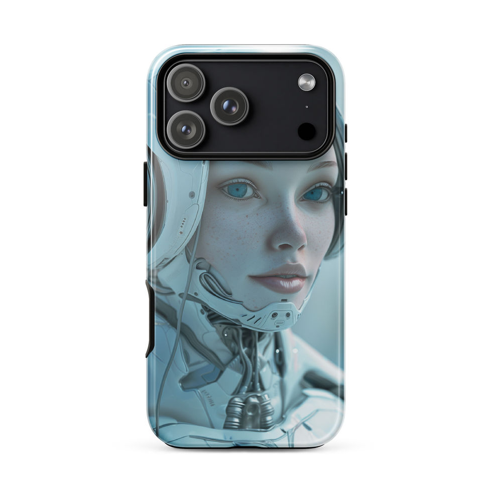 Pearl-silver AI muse with calm luminous eyes; angled case mockup on an iPhone® Tough Case.