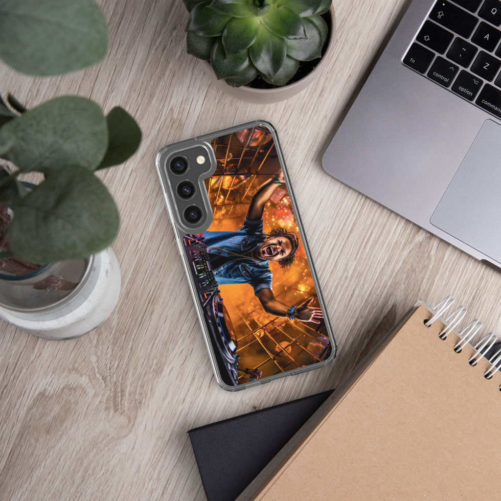 Cosmic DJ clear Samsung case featuring orange-and-blue DJ art, gallery image 36 of 50