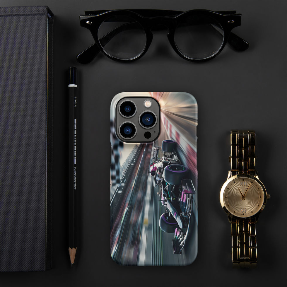 Midnight Velocity Snap case for iPhone 13 Pro, race car and night lights, black desk with glasses and watch