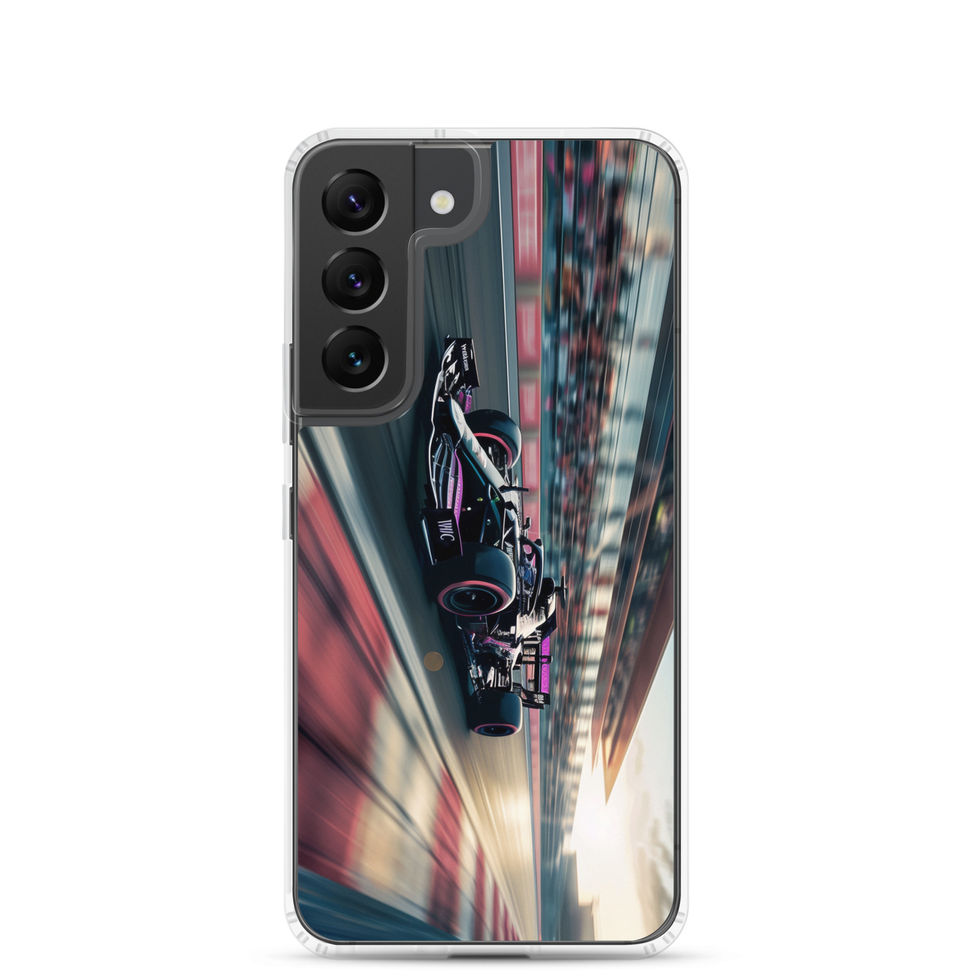 Black n Purple Power Clear case for Galaxy S22, black and purple race car artwork, rear view on white