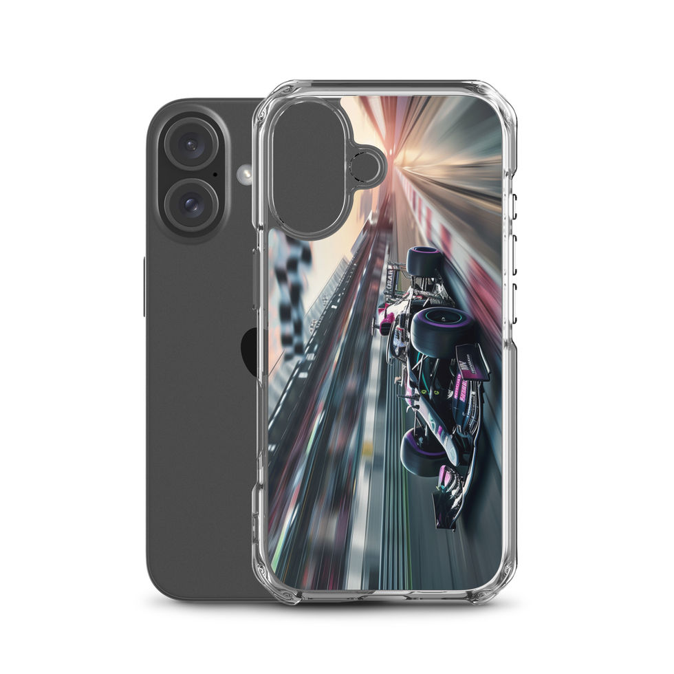 Midnight Velocity Clear case for iPhone 16, race car and night lights, rear view on white