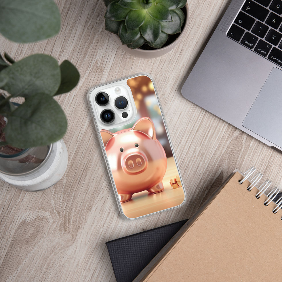 Golden Fortune clear iPhone case on a pale desk near plants and a laptop with the pink pig beneath a bright golden glow.