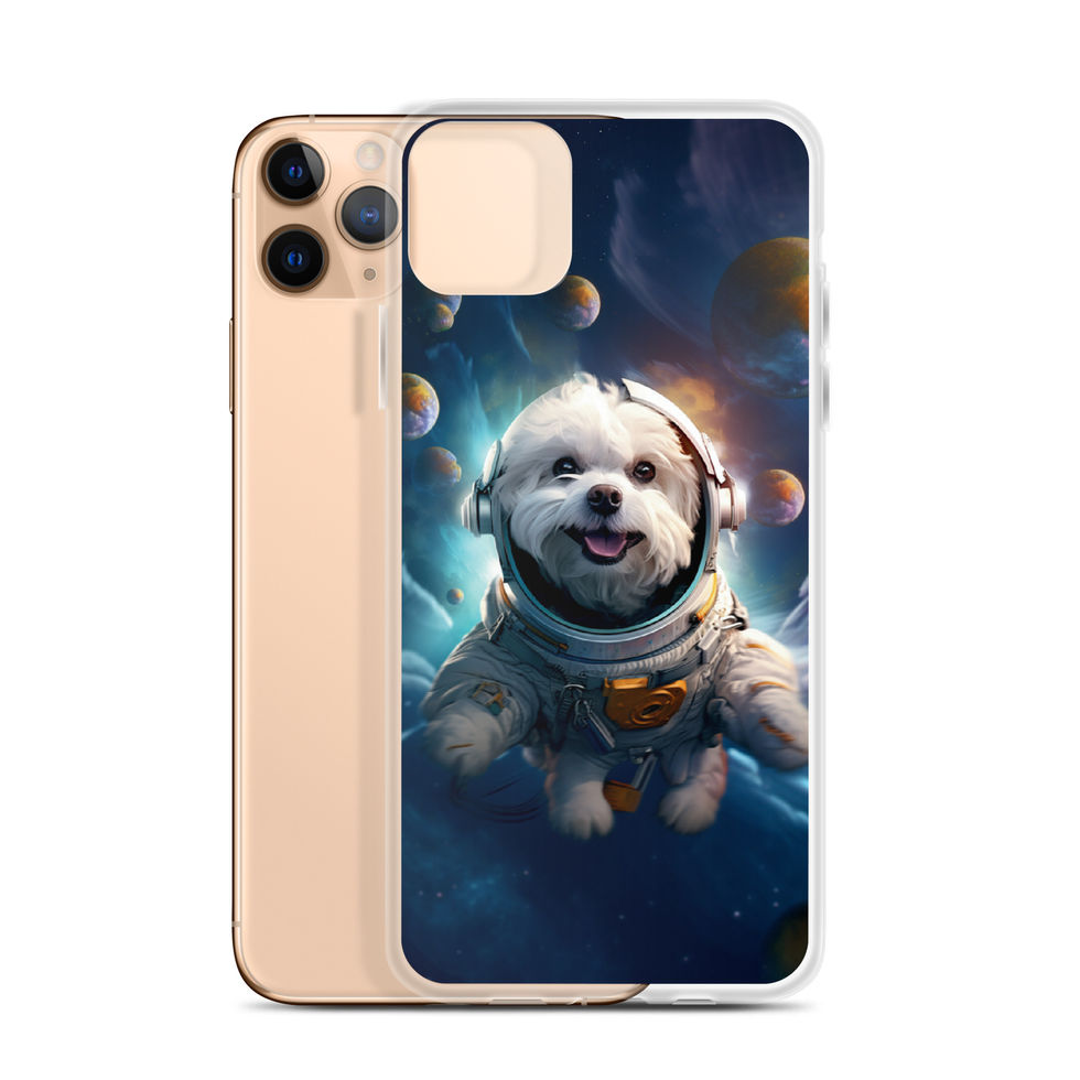 Galactic Voyager cosmic dog iPhone clear case — angled case view 03