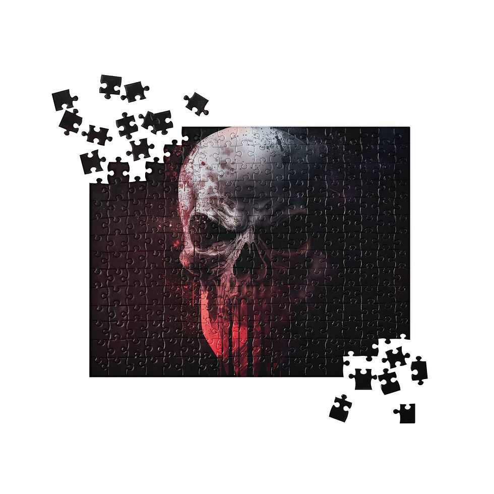 Crimson Reaper jigsaw puzzle: red splashes along the left temple of a skull against black