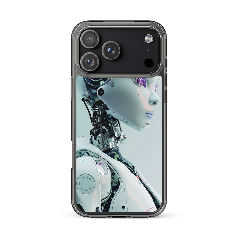 Metallic humanoid artwork on a scratch-resistant iPhone case