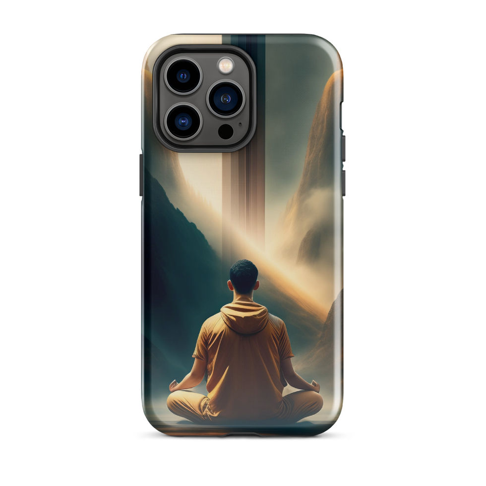 Zen Ascension iPhone tough case, rear view; green and gold meditation-inspired artwork.