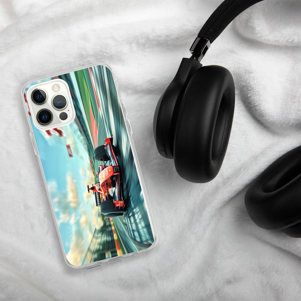 Pole Position Clear case for iPhone 12 Pro Max, red racing car on green track, headphones on pale fabric