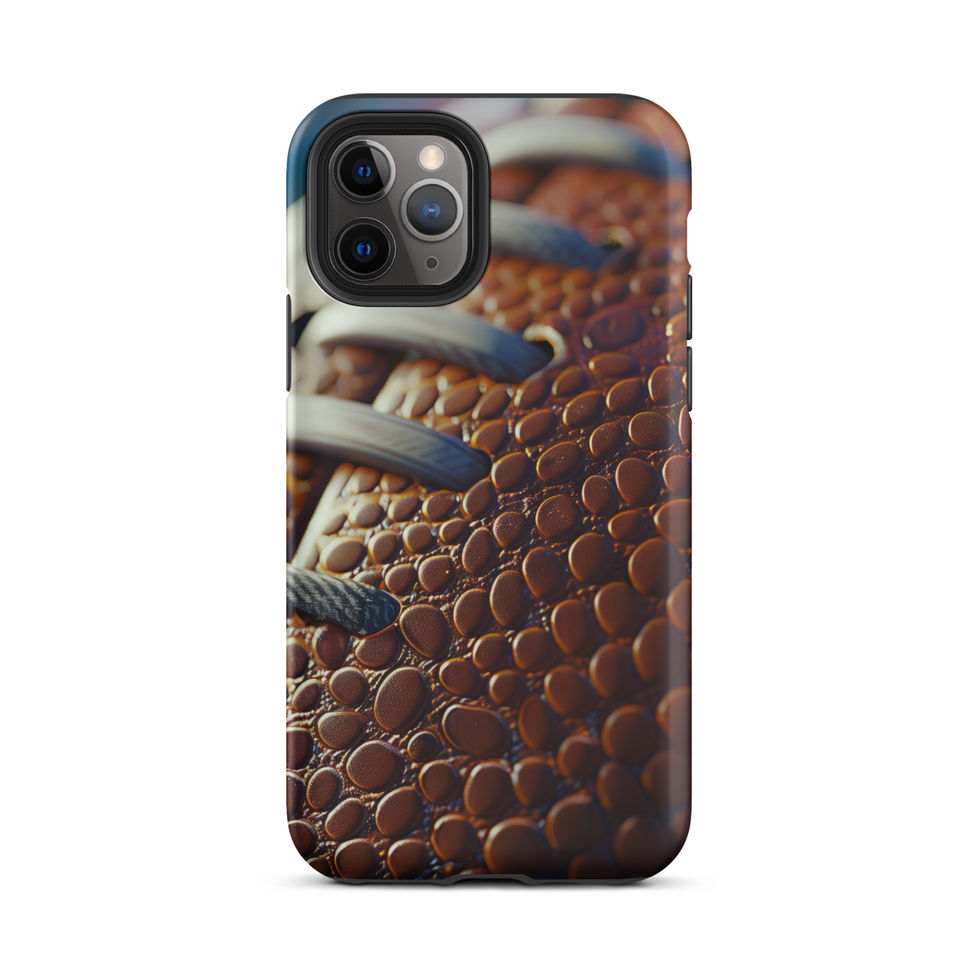 Gridiron Grip tough case for iPhone 11 Pro, rear view with brown football pebble artwork and pale laces.