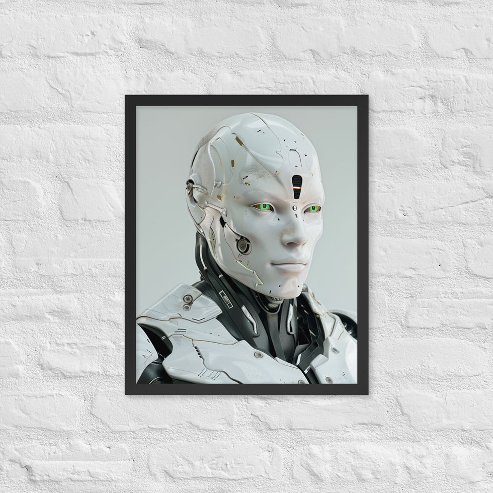 Cyber Elegance framed poster: pale white robot turned right with green eyes and a black forehead inset