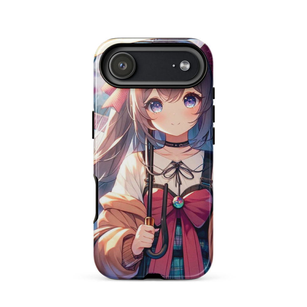 Rainy Day Elegance iPhone tough case, rear portrait showing pale clothing and an umbrella.