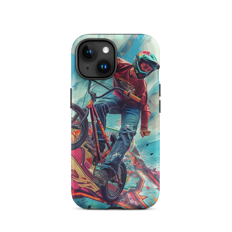 Ramp Rebel Tough case for iPhone 15, red-jacketed BMX rider and graffiti, rear view on white background