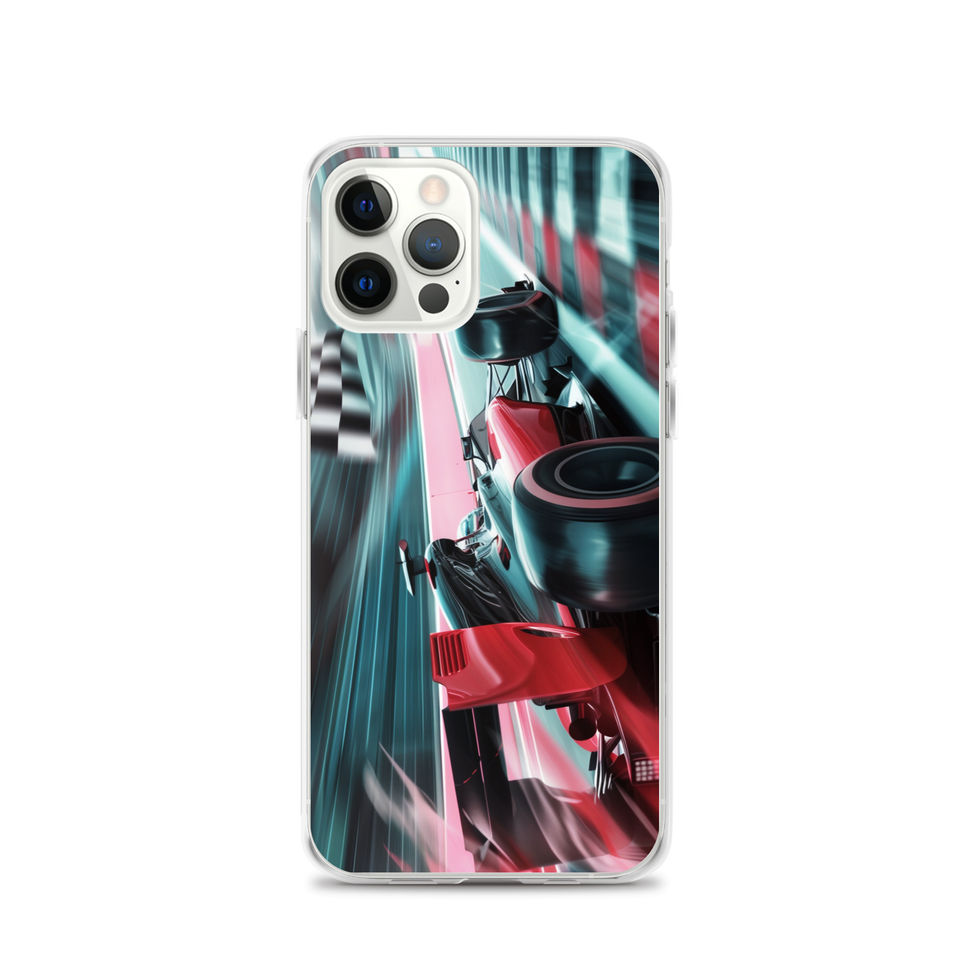 Finish Line Fury Clear case for iPhone 12 Pro, red race car and teal streaks, phone and case on white