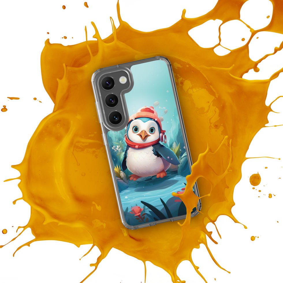 Aquatic penguin-mockup-42 showing Aqua Explorer artwork on a Samsung clear phone case