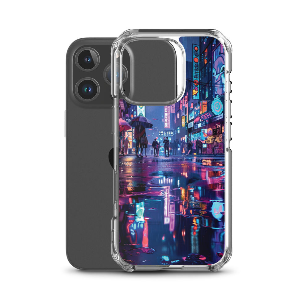 Neon Rainfall clear iPhone case with glowing rainy city reflections — gallery view 45