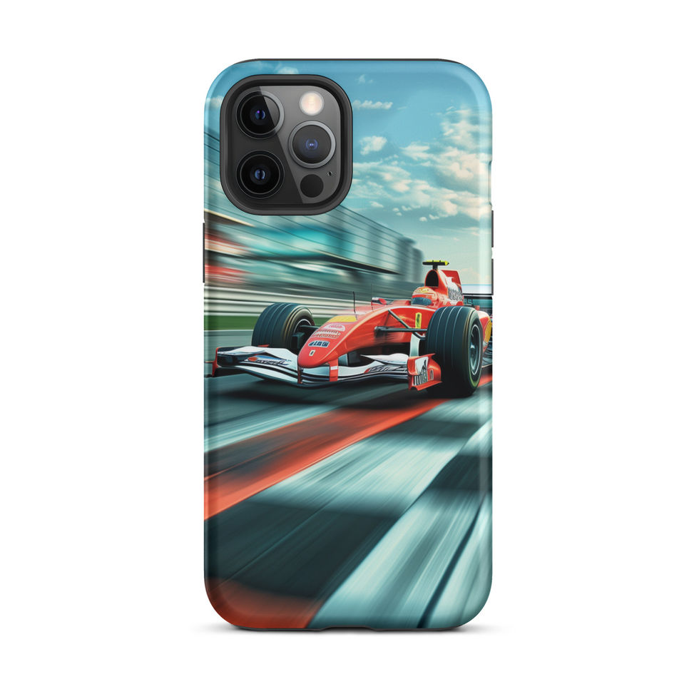 Victory Lap Tough case for iPhone 12 Pro Max, red race car on teal track, rear view on white