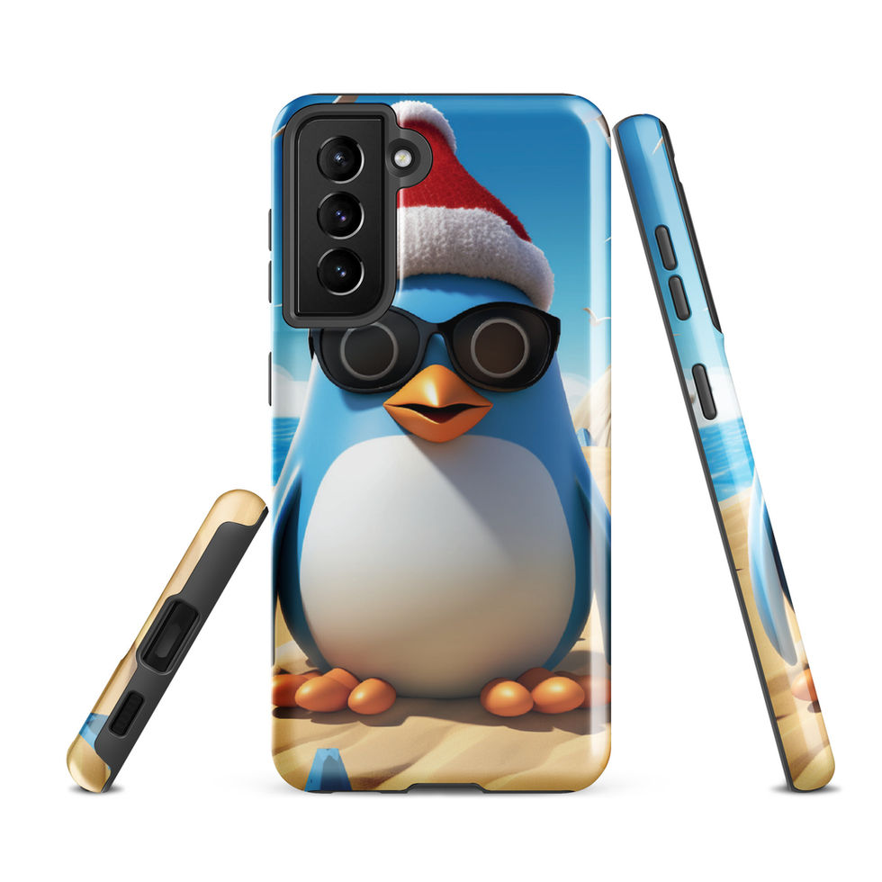 Beach penguin-mockup-08 showing Sandy Chill artwork on a Samsung tough phone case