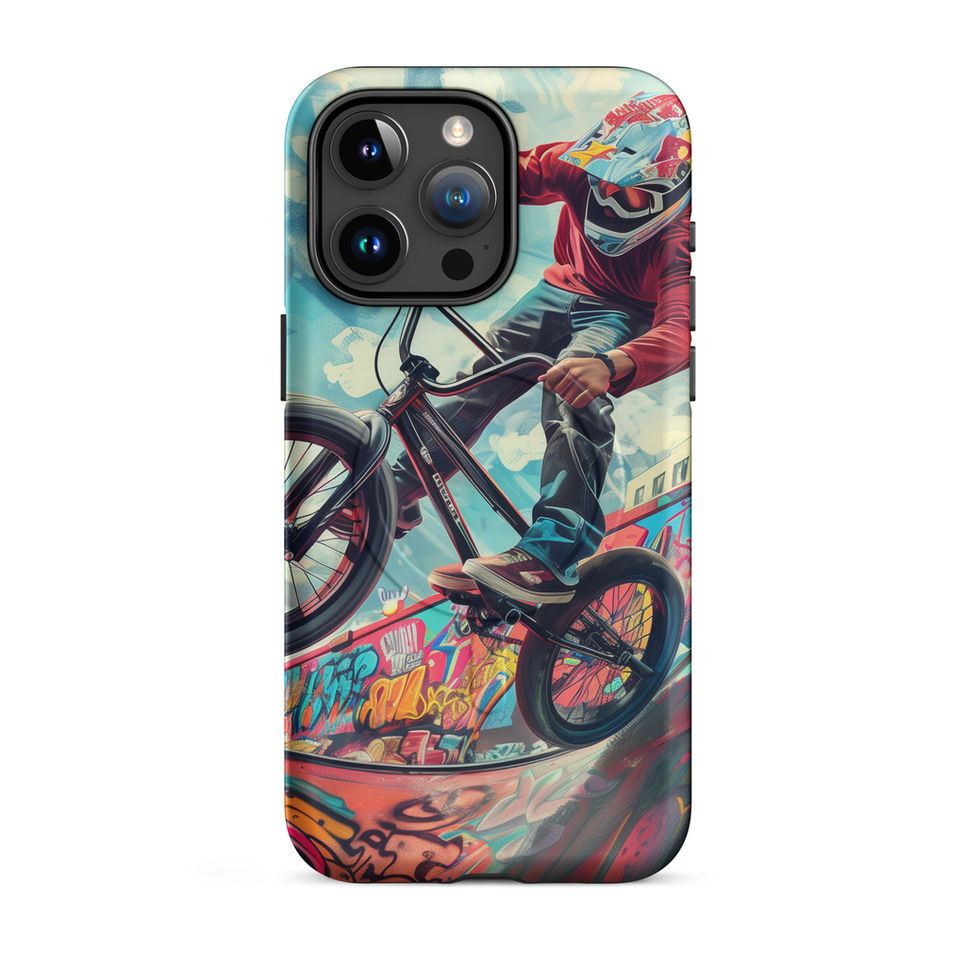 Urban Thrill MagSafe Tough case for iPhone 15 Pro Max, BMX rider above graffiti ramp, rear view on white background