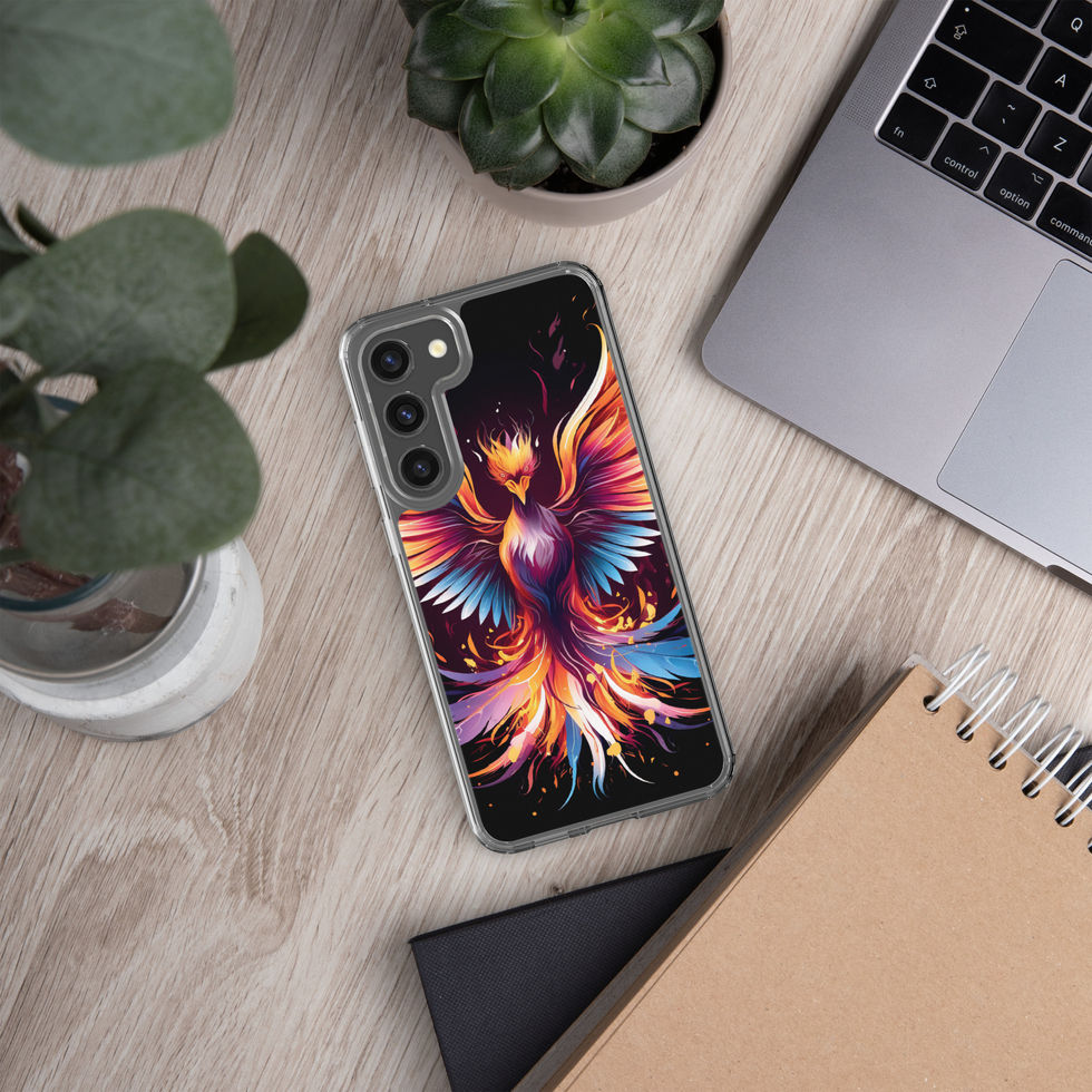 Fiery eagle-mockup-36 showing Eternal Flame artwork on a Samsung clear phone case