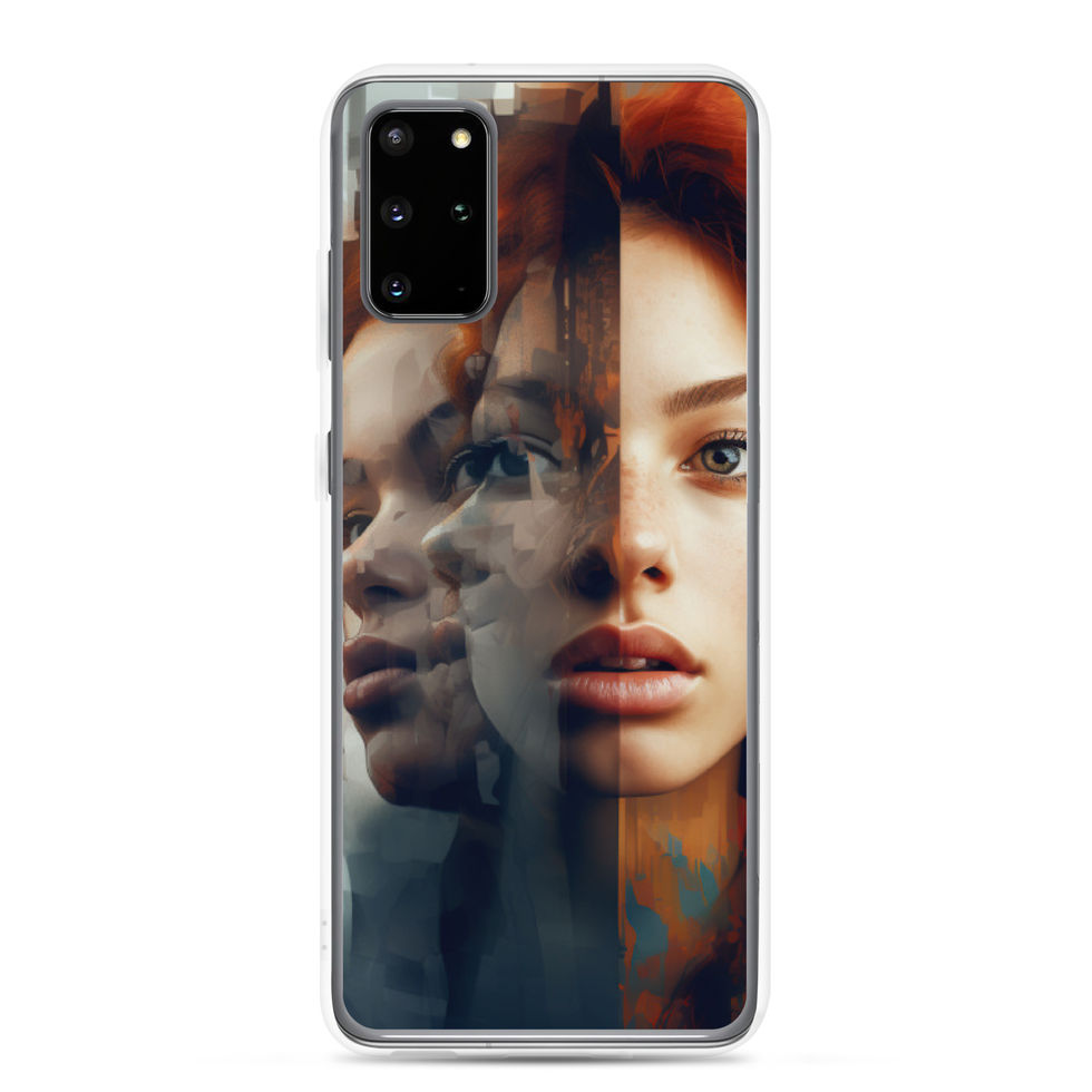 Fragmented Reality clear Samsung case with shattered surreal portrait artwork, rear view, image 2