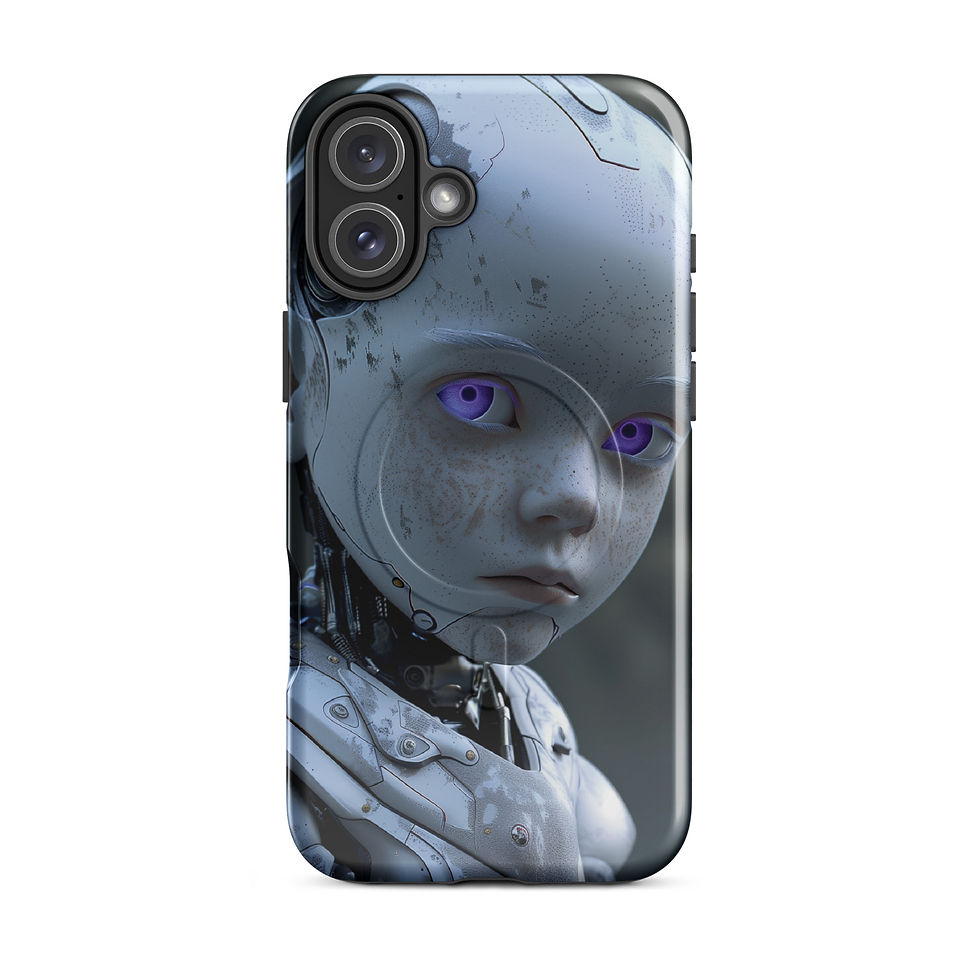 Violet Reverie MagSafe Tough Case for iPhone featuring a child-like robot with violet eyes