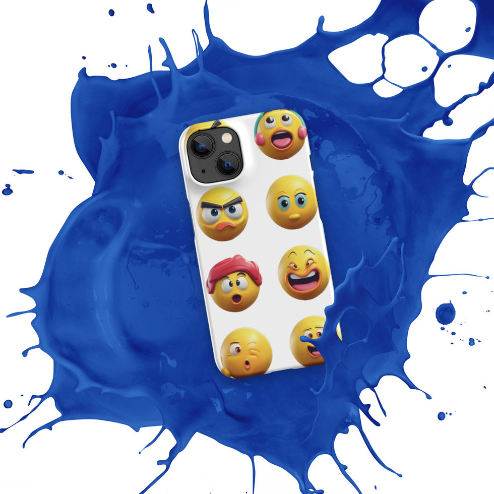 Emoji Frenzy snap iPhone case showing mixed laughing faces across its printed surface, over a blue paint splash.