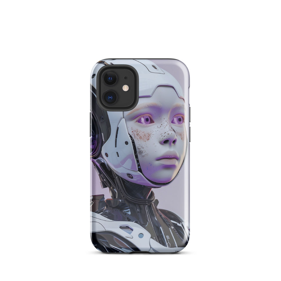 Silver robot with glowing purple eyes on an iPhone tough case