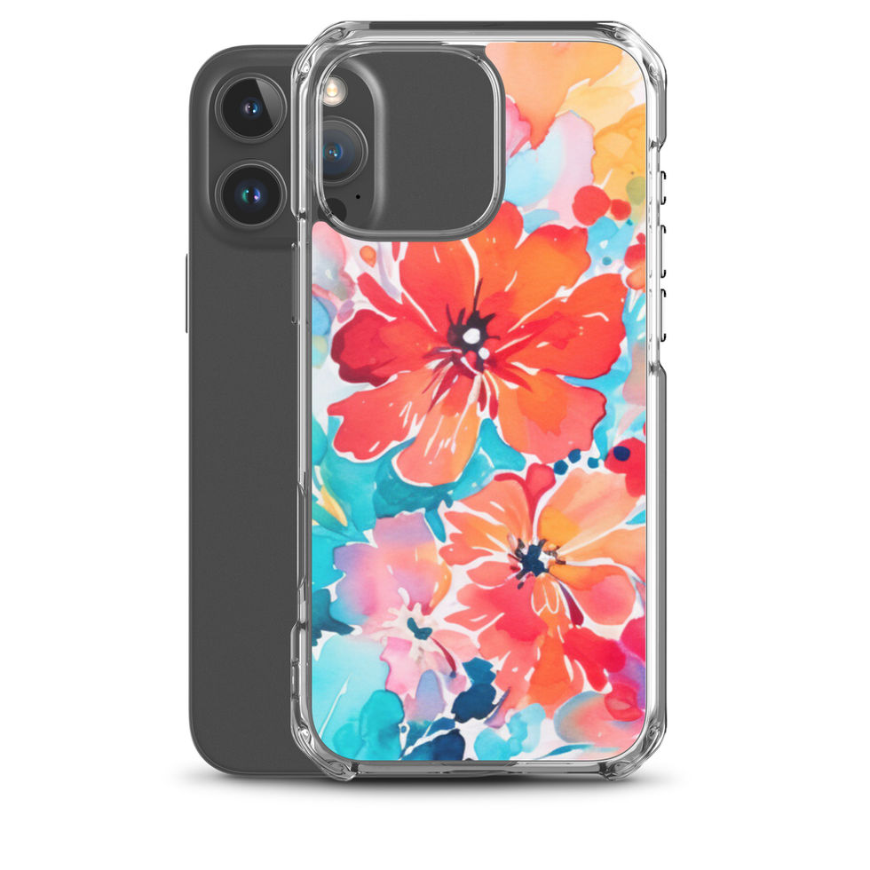 Sunset Petal Storm clear case for iPhone 16 Pro Max, angled view showing transparent edges and sunset petals