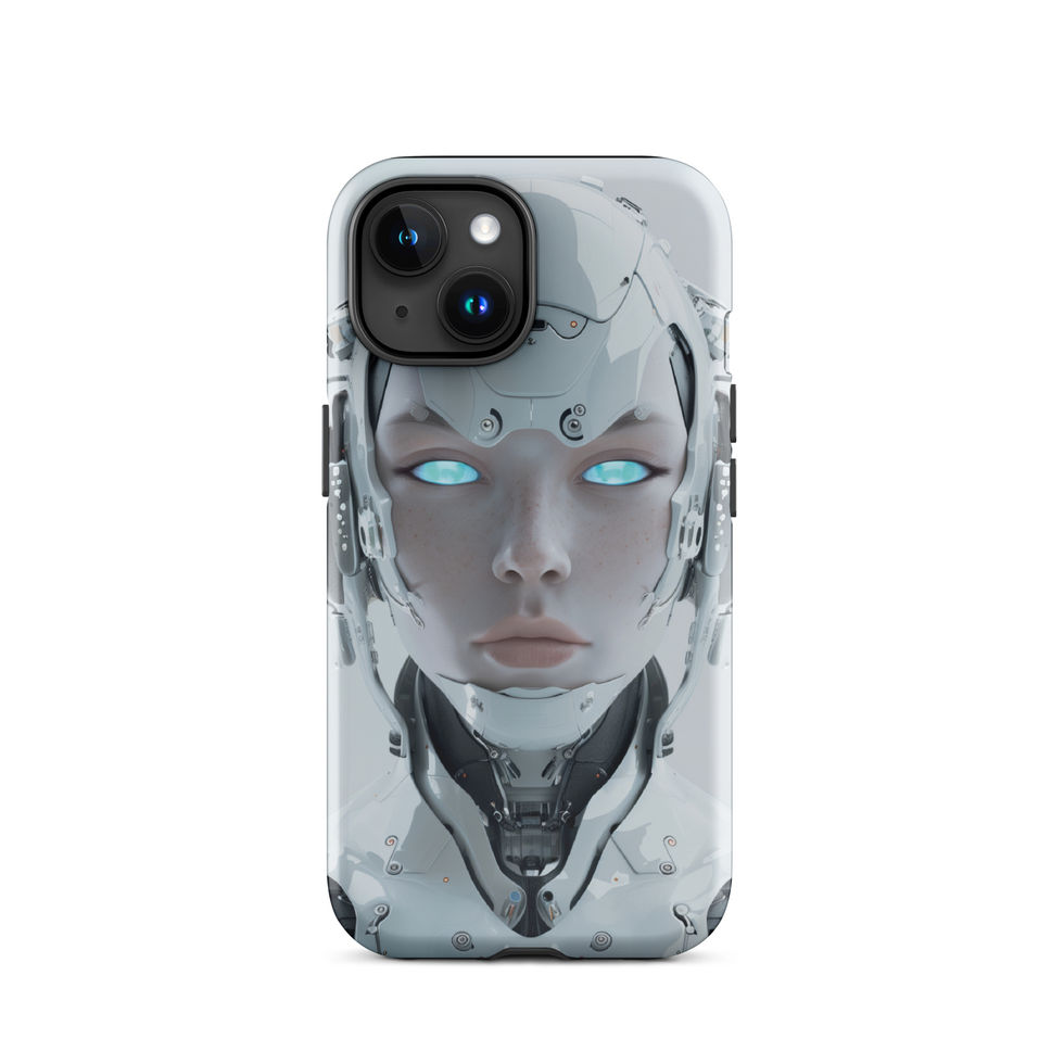 Humanoid android with rose tones and dark neck parts; close-up detail on an iPhone® Tough Case.