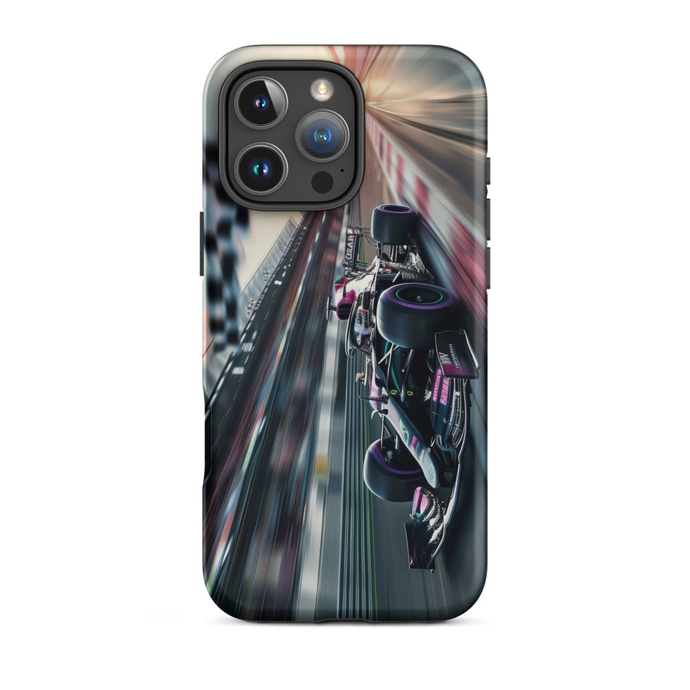Midnight Velocity Tough case for iPhone 16 Pro Max, race car and night lights, rear view on white