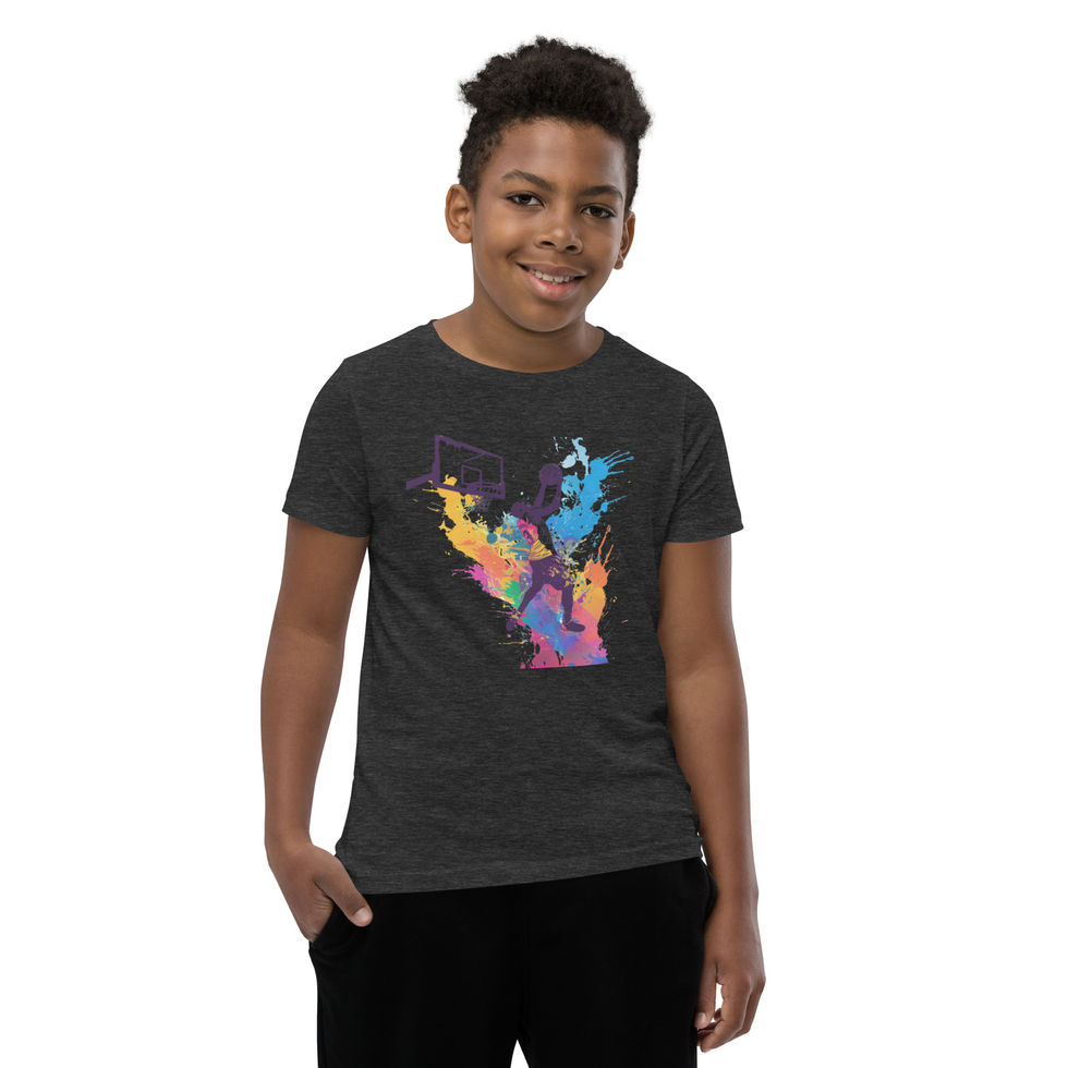 Power Dunk Splash: dark grey heather youth short-sleeve T-shirt with a colourful basketball dunk, on child