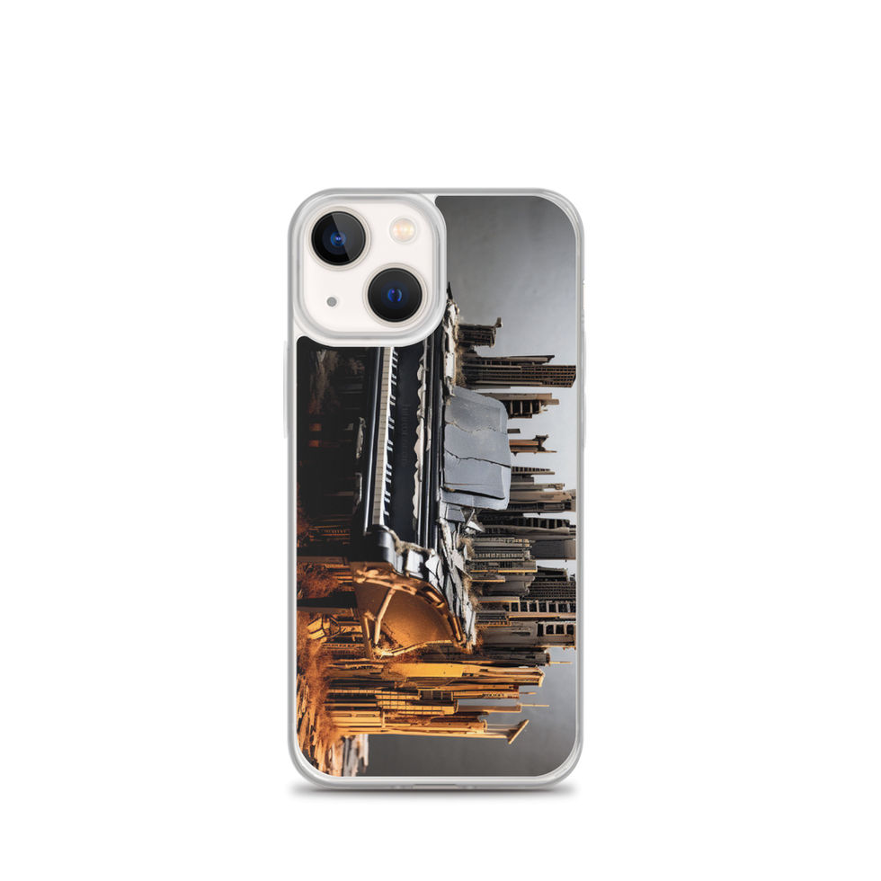 Urban Symphony clear iPhone case angled rear view in a black accessory flat lay, showing the piano and city design, image 16.