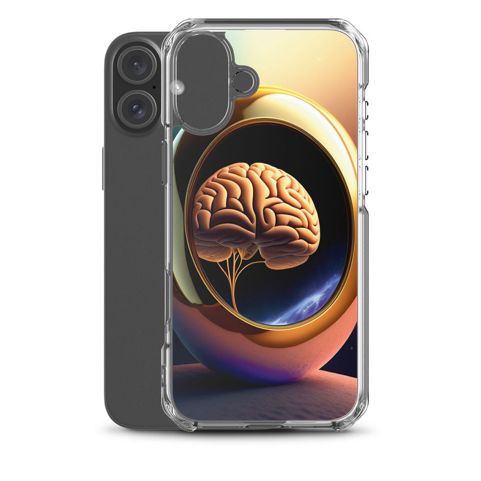 Golden Egg Brain iPhone Clear for iPhone 16 Plus, rear mockup 2 with a golden brain inside an egg-like sphere.